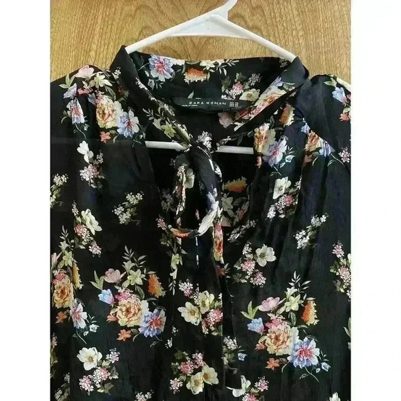 ZARA BLACK FLORAL SEMI SHEER CHIFFON TUNIC RUFFLE LAYERS DRESS MOCK NECK SIZE XS - Picture 7 of 14